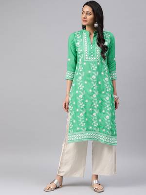 Sea-green embroidered cotton chikankari-kurtis 1