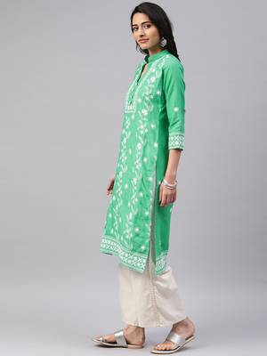 Sea-green embroidered cotton chikankari-kurtis 3