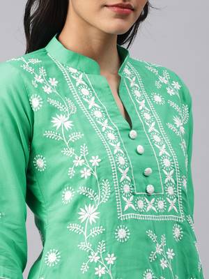 Sea-green embroidered cotton chikankari-kurtis 4