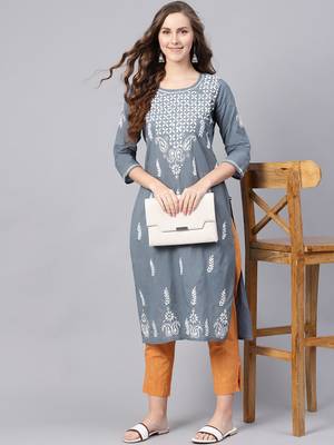 Grey embroidered cotton chikankari-kurtis 1