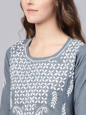 Grey embroidered cotton chikankari-kurtis 5