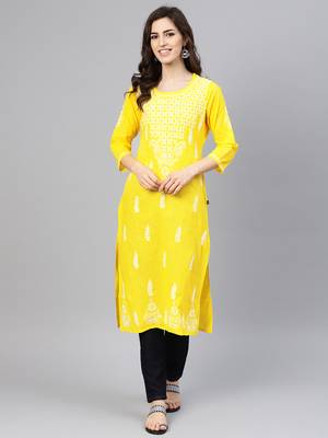 Lemon embroidered cotton chikankari-kurtis 1
