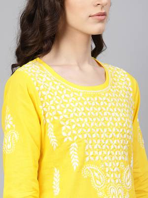 Lemon embroidered cotton chikankari-kurtis 5