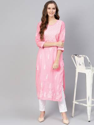 Baby-pink embroidered cotton chikankari-kurtis 1
