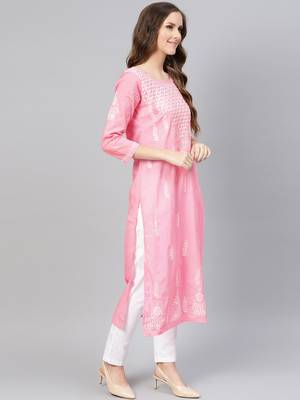 Baby-pink embroidered cotton chikankari-kurtis 3