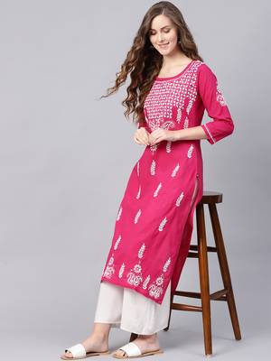 Magenta embroidered cotton chikankari-kurtis 1