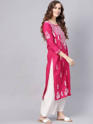 Magenta embroidered cotton chikankari-kurtis 3