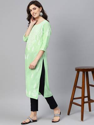 Lime embroidered cotton chikankari-kurtis 1
