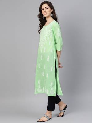 Lime embroidered cotton chikankari-kurtis 3