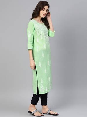 Lime embroidered cotton chikankari-kurtis 4