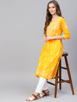 Mustard embroidered cotton chikankari-kurtis 1