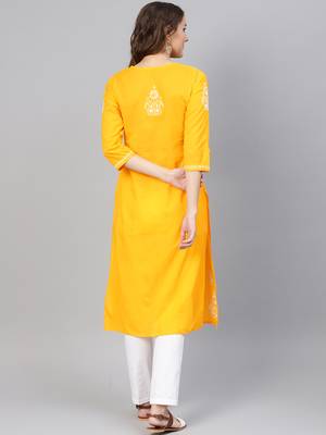 Mustard embroidered cotton chikankari-kurtis 2