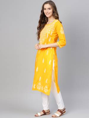 Mustard embroidered cotton chikankari-kurtis 3