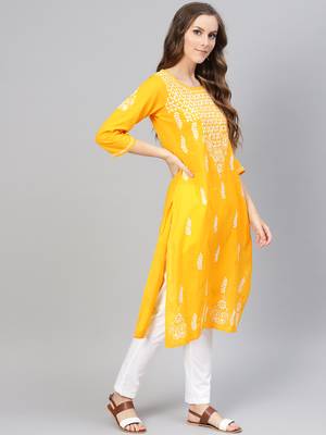 Mustard embroidered cotton chikankari-kurtis 4