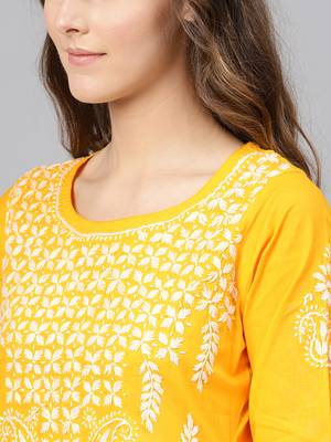 Mustard embroidered cotton chikankari-kurtis 5