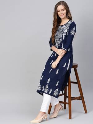 Navy-blue embroidered cotton chikankari-kurtis 1