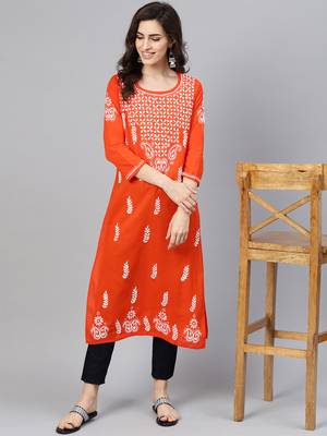 Orange embroidered cotton chikankari-kurtis 1