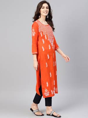 Orange embroidered cotton chikankari-kurtis 3