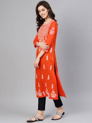 Orange embroidered cotton chikankari-kurtis 4