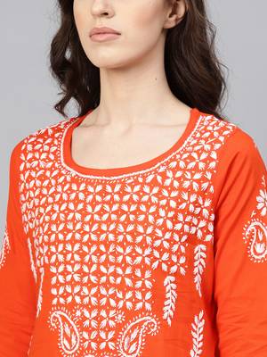 Orange embroidered cotton chikankari-kurtis 5