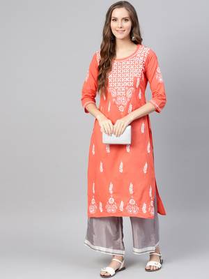 Peach embroidered cotton chikankari-kurtis 1