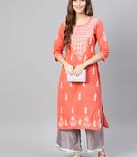 Peach embroidered cotton chikankari-kurtis
