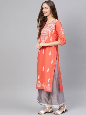 Peach embroidered cotton chikankari-kurtis 3