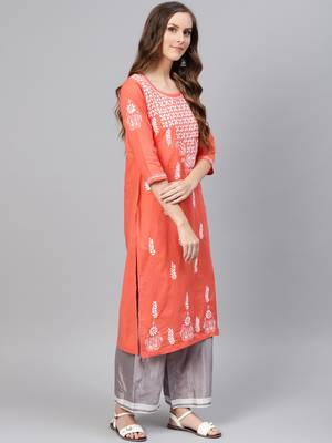 Peach embroidered cotton chikankari-kurtis 4
