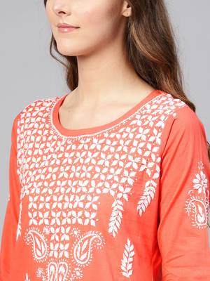 Peach embroidered cotton chikankari-kurtis 5