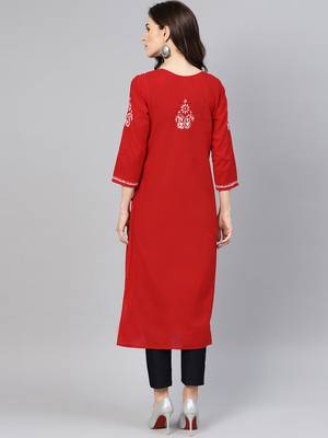 Red embroidered cotton chikankari-kurtis 2