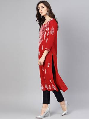 Red embroidered cotton chikankari-kurtis 3