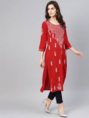 Red embroidered cotton chikankari-kurtis 4