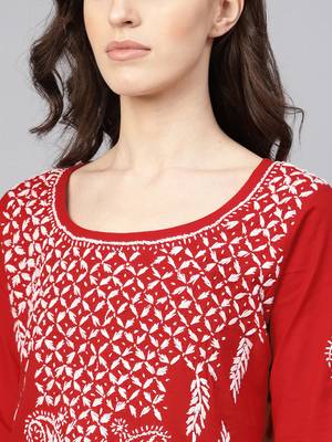 Red embroidered cotton chikankari-kurtis 5