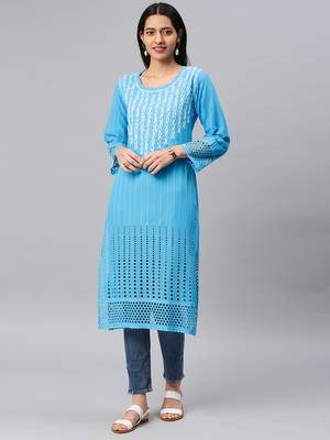 Blue embroidered cotton chikankari-kurtis 1