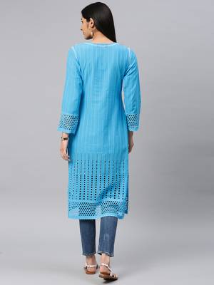 Blue embroidered cotton chikankari-kurtis 2