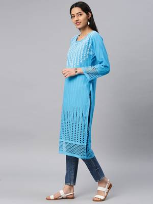 Blue embroidered cotton chikankari-kurtis 3