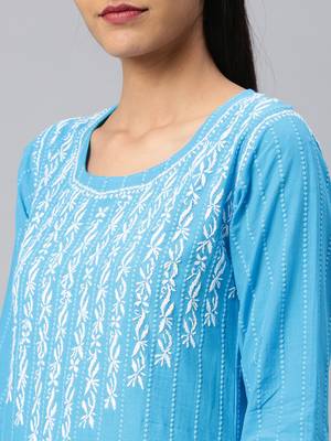 Blue embroidered cotton chikankari-kurtis 4