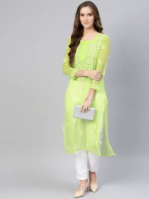 Lime embroidered georgette chikankari-kurtis 1