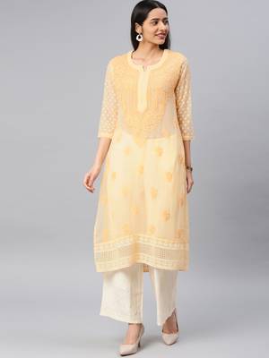 Beige embroidered georgette chikankari-kurtis 1