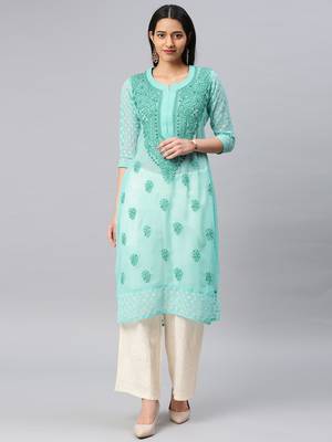 Light-sky-blue embroidered georgette chikankari-kurtis 1