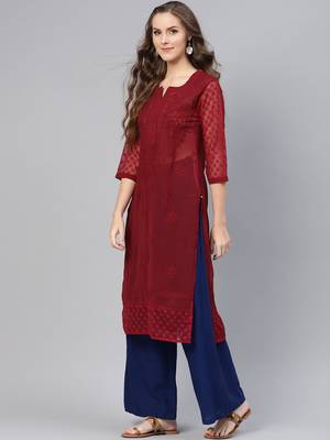 Maroon embroidered georgette chikankari-kurtis 3