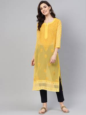 Mustard embroidered georgette chikankari-kurtis 1