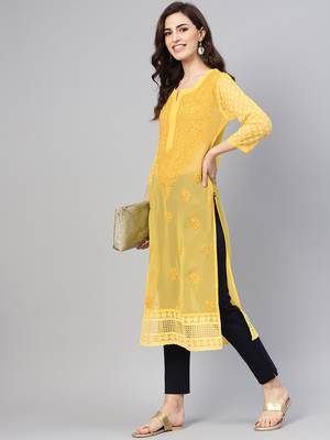 Mustard embroidered georgette chikankari-kurtis 3