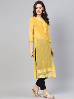 Mustard embroidered georgette chikankari-kurtis 4