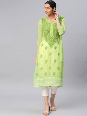 Olive embroidered georgette chikankari-kurtis 1