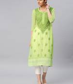 Olive embroidered georgette chikankari-kurtis