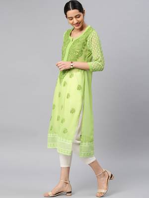 Olive embroidered georgette chikankari-kurtis 3