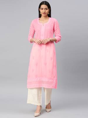 Pink embroidered georgette chikankari-kurtis 1