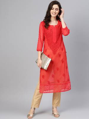 Red embroidered georgette chikankari-kurtis 1