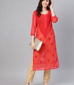 Red embroidered georgette chikankari-kurtis